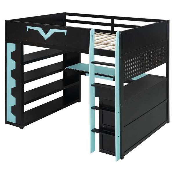 English Elm Full Size Gaming Loft Bed with Desk Rgb Lighting Power Outlet and Storage Drawer Blue LT000285AAC
