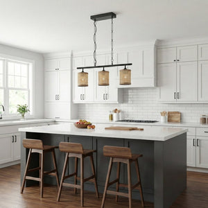 English Elm Elysian Three Light Rattan Pendant Farmhouse Kitchen Island Matte Black Chain Lamp B183P230906