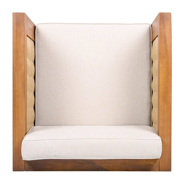 English Elm Acacia Wood Outdoor Lounge Chair with Wicker Arms Teak Finish Patio Seating N779P359686B