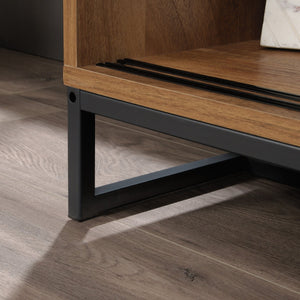 English Elm Credenza, Versatile Brown Finish Storage Cabinet With Adjustable Shelves & Modern Metal Base B356P402725