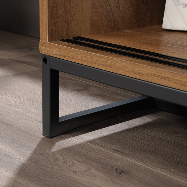 English Elm Credenza, Versatile Brown Finish Storage Cabinet With Adjustable Shelves & Modern Metal Base B356P402725