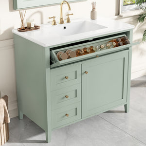 English Elm 36-Inch Green Bathroom Vanity With Sink - Modern Mdf & Rubberwood Freestanding Storage Solution N725P350821F