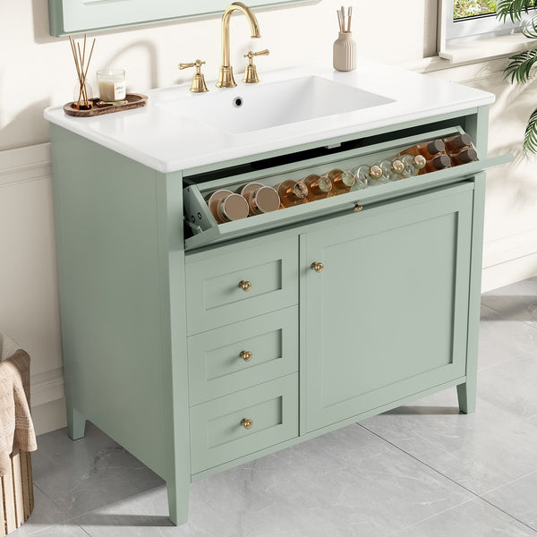 English Elm 36-Inch Green Bathroom Vanity With Sink - Modern Mdf & Rubberwood Freestanding Storage Solution N725P350821F