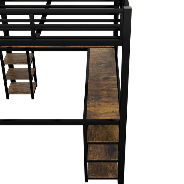 English Elm Full Metal Loft Bed With Vintage Wood Desk & Shelves - Stylish Space-Saving Solution For Bedrooms W1580S00040