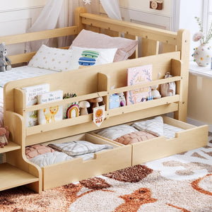 English Elm Twin Pine Floor Bed with Guardrails Built-in Bookcases and Stair Steps for Kids Light Natural W1580P430201