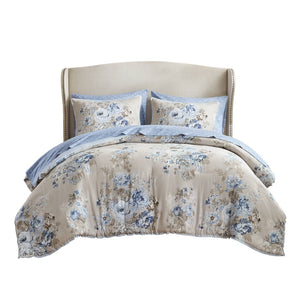 English Elm 7-piece Full Vintage Botanical Floral Reversible Comforter Set Beige Blue Microfiber B035P408240