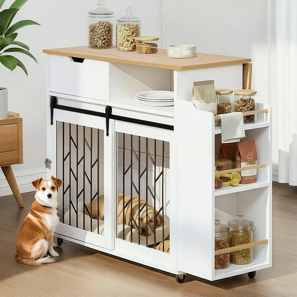 English Elm 2 IN 1 Modern Dog Crate Kitchen Island with Storage, Rolling Lockable Casters, Sliding Doors & Drawer N843P256452R