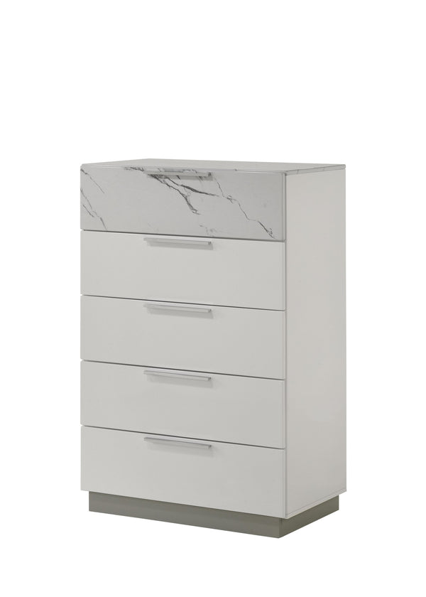 English Elm Mist Chest White Modern Lacquer Chest with Marble Accents, 5 Smooth-Glide Drawers, Velvet-Lined Top Drawer and Minimalist Handles G150108673
