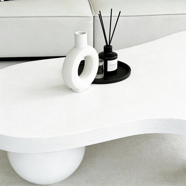 English Elm 46 Inch Cloud Shaped Coffee Table with Ash Veneer Top and Sculptural Sphere Legs White W3935S00007