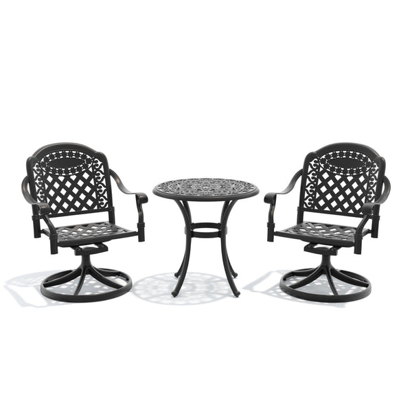 English Elm 3-piece Ornate Cast Aluminum Outdoor Bistro Set with Swivel Chairs and Round Patio Table W1710S00679