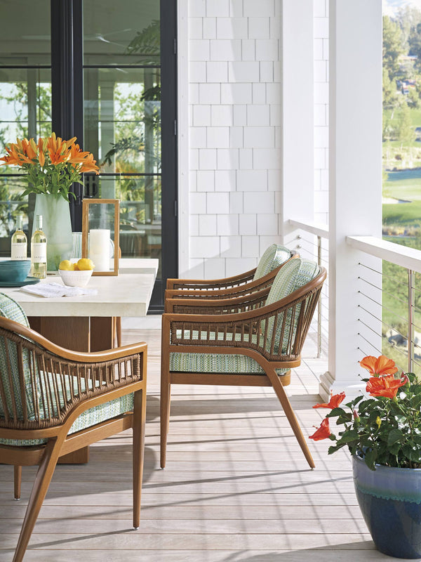 Lexington Arm Dining Chair Outdoor Wicker Aluminum Mid-century Patio Deep Seat Poolside Style Durable in Soft Green Upholstery 3340-13-60