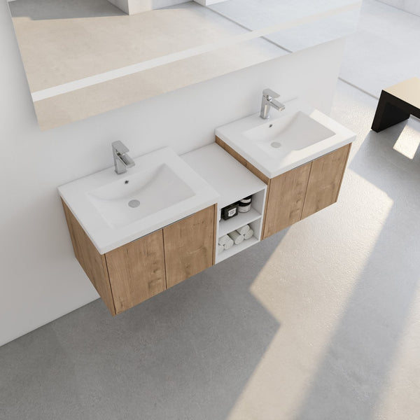 English Elm 60 Inch Wall Mounted Vanity with Dual Resin Sinks, Soft Close Doors, Metal Handles & Shelves Durable Finish Imitative Oak W999S00186