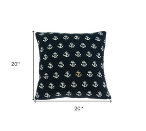 Homeroots 20" Blue And Off White Reversible Nautical Anchor Cotton Throw Pillow   334055