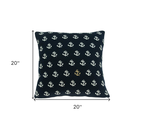 Homeroots 20" Blue And Off White Reversible Nautical Anchor Cotton Throw Pillow   334055