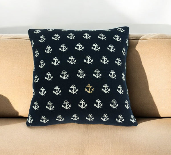 Homeroots 20" Blue And Off White Reversible Nautical Anchor Cotton Throw Pillow   334055