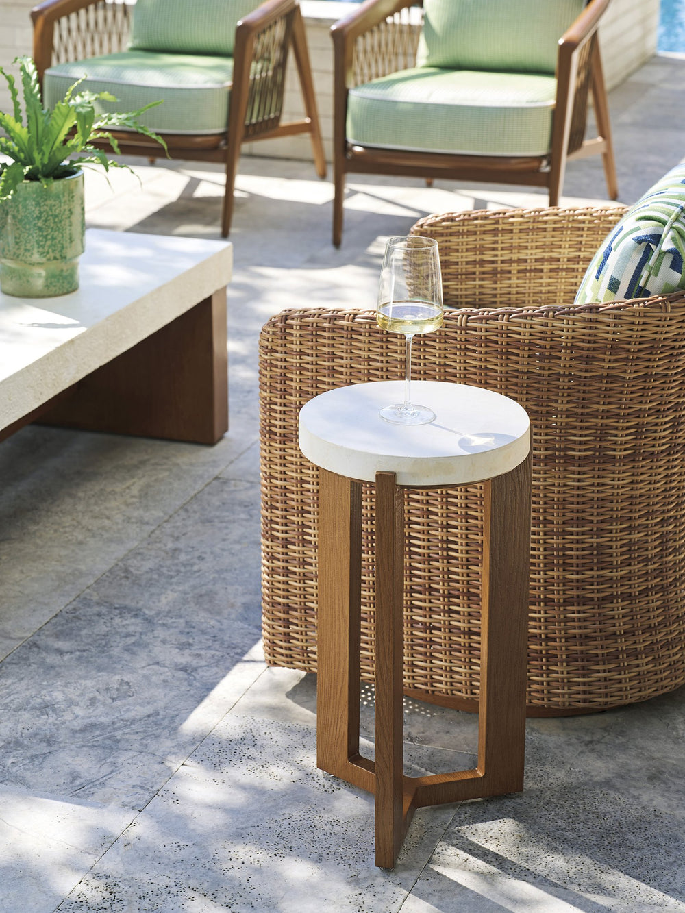 Lexington Tommy Bahama Outdoor 3340-952c Accent Table - Contemporary Poolside Design With Elegant White Agate Stone Top And Teak Finish  Wood 3340-952c