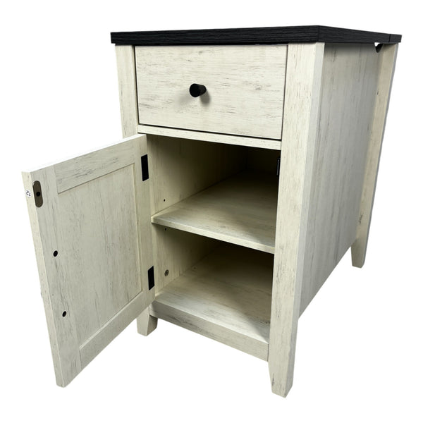 English Elm Farmhouse Nightstand with Charging Station and Barn Door Drawer — USB-C, AC Outlets, Compact Storage White+Black W1412P230408