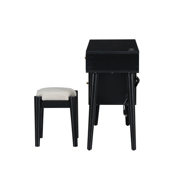 English Elm 39" Retro Bohemian Makeup Vanity Set with Rattan Drawers, USB Charging Port, Cushioned Stool, 4-Drawer Storage Black 44.1 L x 18.75 W x 10.5 H N733P180011B