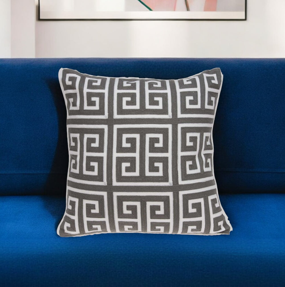 Homeroots 20" Gray And White Greek Key Cotton Throw Pillow   334123