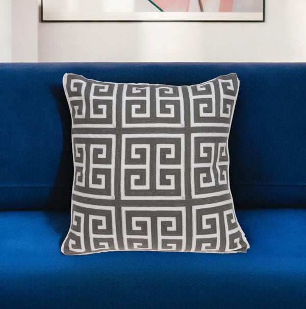 Homeroots 20" Gray And White Greek Key Cotton Throw Pillow   334123