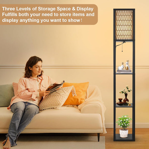 English Elm Floor Lamp with Shelves Brown+Black — Boho Rattan & Fabric Dual Shades, 3 Wooden Shelves, LED Included W2738P400709