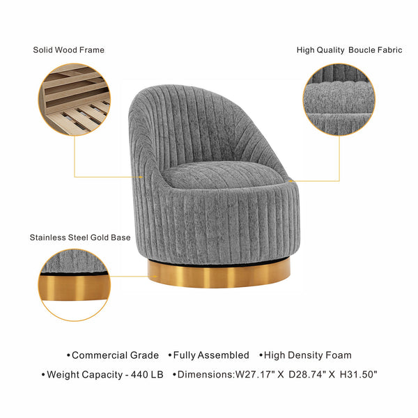 English Elm Leela Plush Chenille Swivel Lounge Chair with Brushed Gold Base, Ribbed Stitching, 440lb Capacity Grey B365P397962