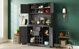 English Elm Coffee Bar Cabinet Dark Blue Farmhouse Buffet with Wine Cubbies, Stemware Rack, Drawers, Shelves & Prep Space Black W1580S00088