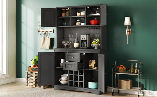 English Elm Coffee Bar Cabinet Dark Blue Farmhouse Buffet with Wine Cubbies, Stemware Rack, Drawers, Shelves & Prep Space Black W1580S00088