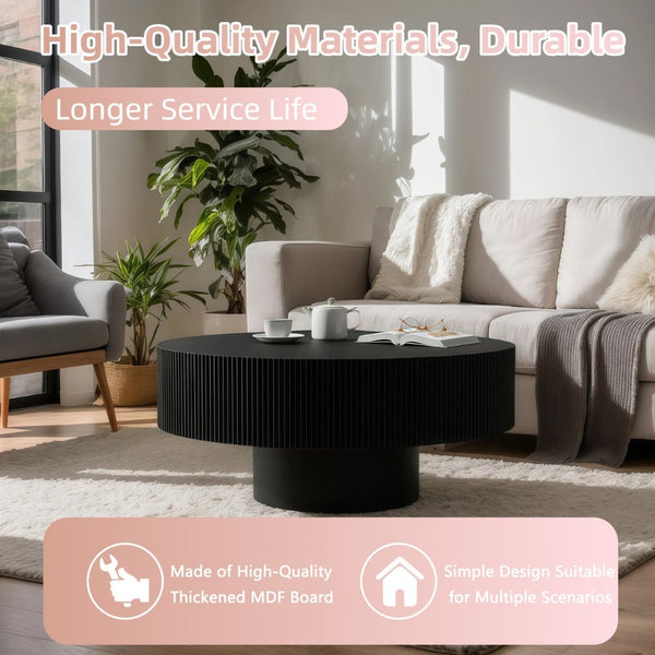 English Elm Round Fluted Pedestal Coffee Table Mid Century Mdf Base for Compact Living Spaces W3204P390987