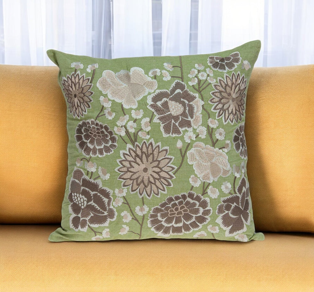 Homeroots 20" X 20" Green Floral Cotton Down Pillow   334295