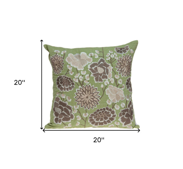 Homeroots 20" X 20" Green Floral Cotton Down Pillow   334295