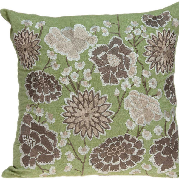 Homeroots 20" X 20" Green Floral Cotton Down Pillow   334295