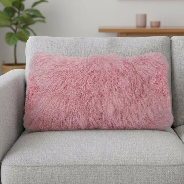 HomeRoots 15" Pink Lambswool Down Lumbar Throw Pillow - Plush Comfort & Elegant Style for Cozy Living Spaces 334357