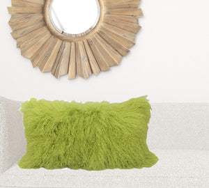 Homeroots 17" Lime Green Genuine Tibetan Lamb Fur Pillow With Microsuede Backing   334360