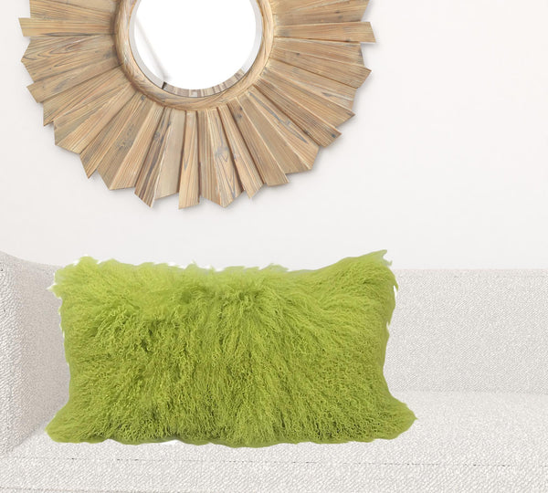 Homeroots 17" Lime Green Genuine Tibetan Lamb Fur Pillow With Microsuede Backing   334360
