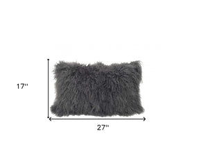HomeRoots 17" Charcoal Tibetan Lamb Fur Lumbar Pillow - Luxurious Comfort with Microsuede Backing & Support 334364