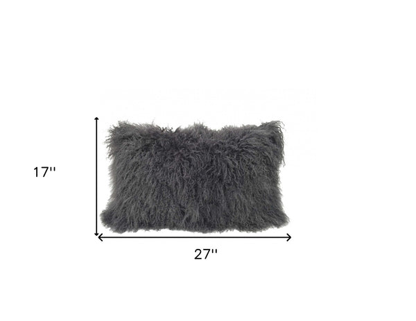 HomeRoots 17" Charcoal Tibetan Lamb Fur Lumbar Pillow - Luxurious Comfort with Microsuede Backing & Support 334364