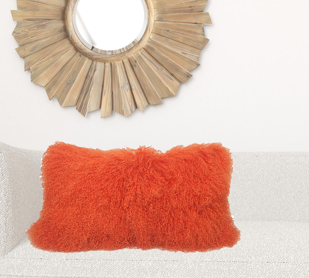 Homeroots 17" Orange Genuine Tibetan Lamb Fur Pillow With Microsuede Backing   334365