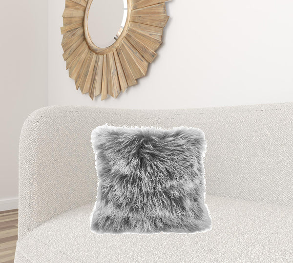 Homeroots 20" Grey Genuine Tibetan Lamb Fur Pillow With Microsuede Backing   334366