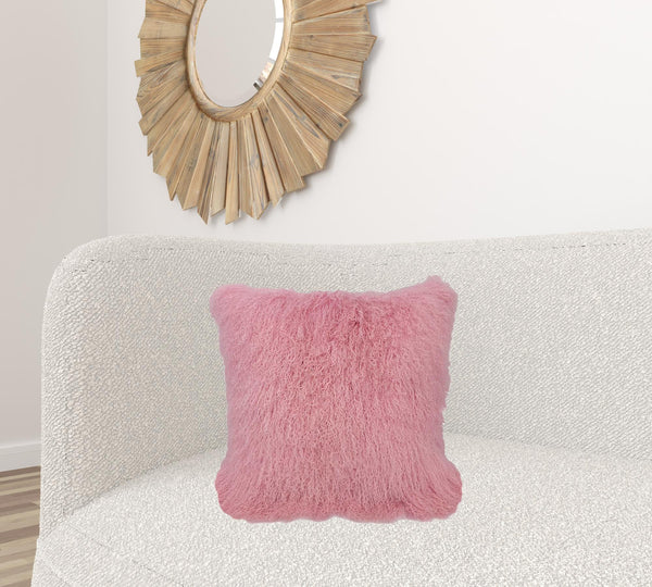 Homeroots 20" Pink Genuine Tibetan Lamb Fur Pillow With Microsuede Backing   334370