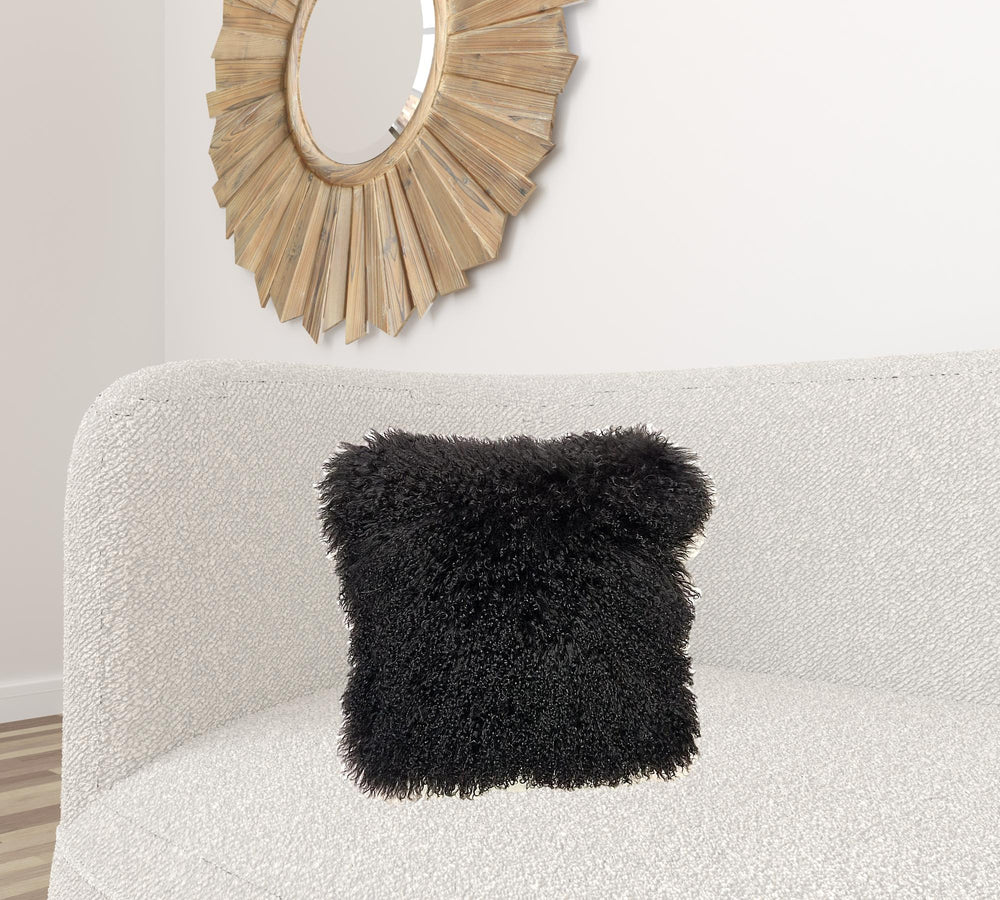 Homeroots 20" Black Genuine Tibetan Lamb Fur Pillow With Microsuede Backing   334373