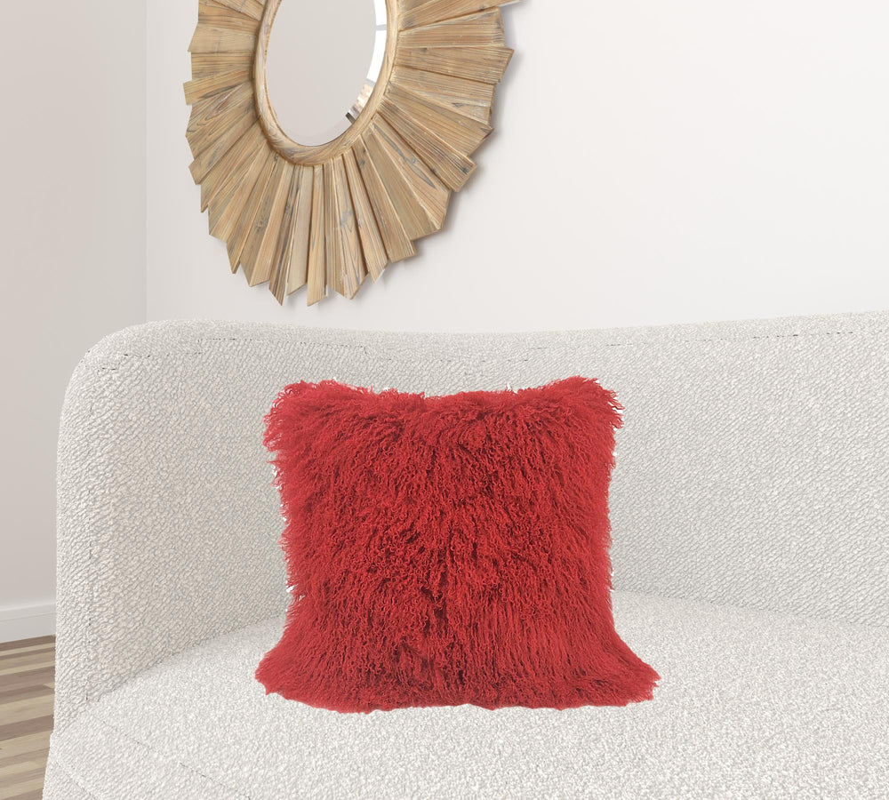 Homeroots 20" Red Genuine Tibetan Lamb Fur Pillow With Microsuede Backing   334375