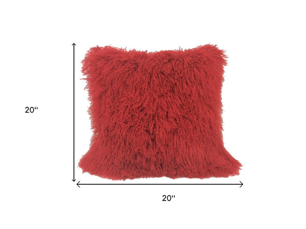 HomeRoots 20" Red Genuine Tibetan Lamb Fur Pillow – Luxurious Softness with Microsuede Back for Chic Decor 334375