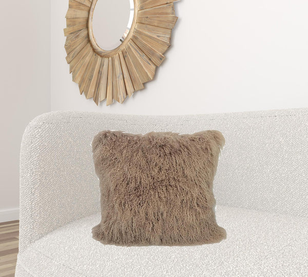Homeroots 20" Beige Genuine Tibetan Lamb Fur Pillow With Microsuede Backing   334376