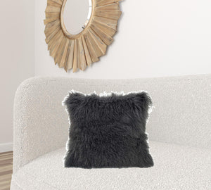 Homeroots 20" Charcoal Genuine Tibetan Lamb Fur Pillow With Microsuede Backing   334378