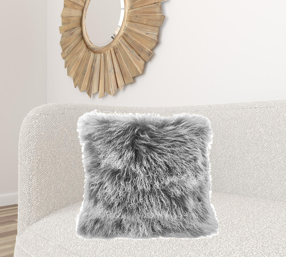 Homeroots 24" Grey Genuine Tibetan Lamb Fur Pillow With Microsuede Backing   334380