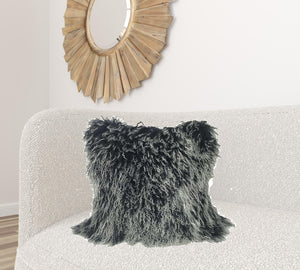 Homeroots 24" Black Genuine Tibetan Lamb Fur Pillow With Microsuede Backing   334383