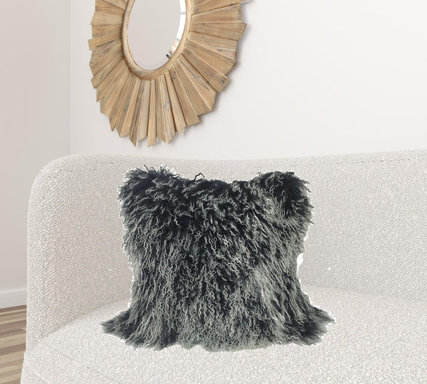 Homeroots 24" Black Genuine Tibetan Lamb Fur Pillow With Microsuede Backing   334383