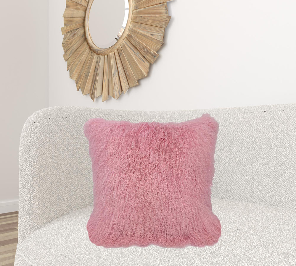 Homeroots 24" Pink Genuine Tibetan Lamb Fur Pillow With Microsuede Backing   334384