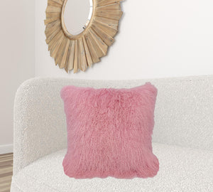 Homeroots 24" Pink Genuine Tibetan Lamb Fur Pillow With Microsuede Backing   334384